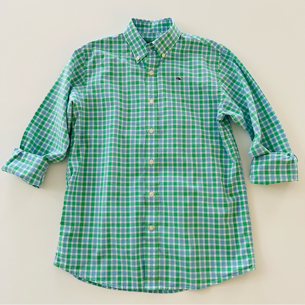 Vineyard Vines Boys 12-14 Whale Blue Green Plaid Shirt